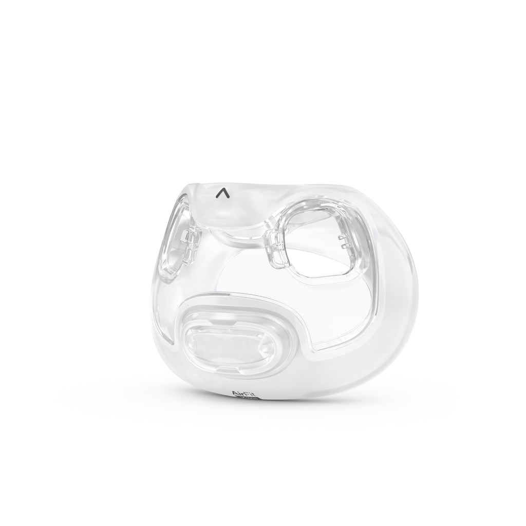 Front view, slightly angled to the left of the ResMed AirFit F30i cushion showing the nasal and oral interface design.