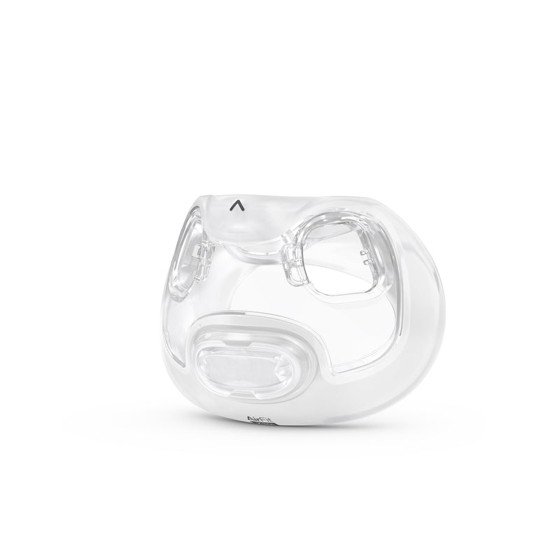 Front view, slightly angled to the left of the ResMed AirFit F30i cushion showing the nasal and oral interface design.