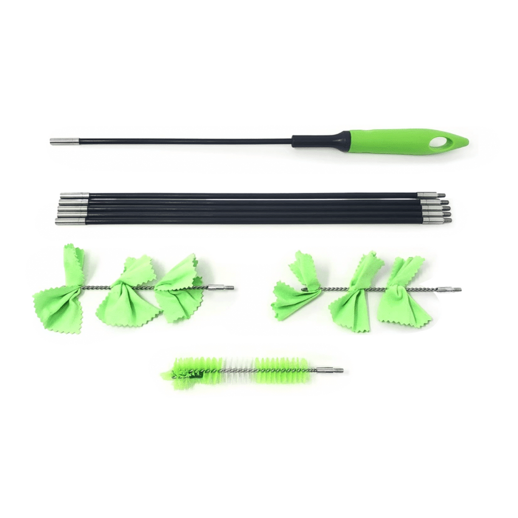 The Purdoux 2-in-1 Premium Hose Brush displayed with all its parts neatly arranged, showcasing the brush handle, flexible brush head, and the two cleaning attachments designed for thorough hose cleaning.