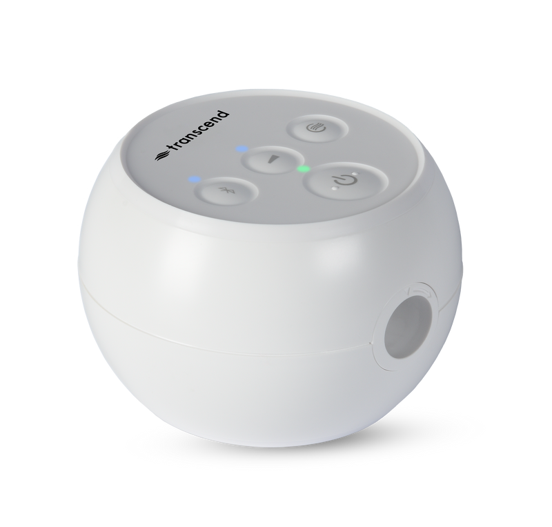 The compact Transcend Micro Travel device with buttons and the Transcend logo on a white background